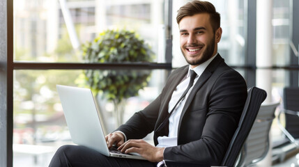 Fototapeta premium A young businessman in a sharp suit, smiling while working on a laptop in a bright office space with large windows and green plants.