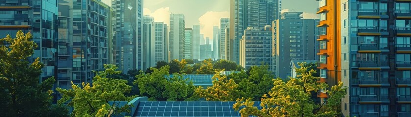 Fototapeta premium Sustainable cityscape with buildings featuring rooftop solar panels, emphasizing green energy and urban sustainability
