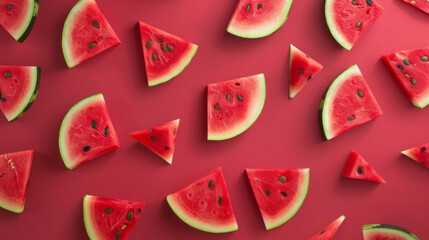 Slices of fresh watermelon are artfully arranged on a vibrant pink backdrop, creating a dynamic and refreshing summer visual.