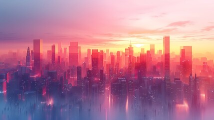 Abstract skyline featuring rectangles of various heights, soft pastel hues, hd quality, digital rendering, smooth transitions, geometric precision, modern design, artistic composition.