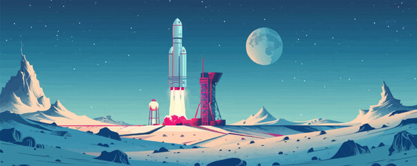 Futuristic spaceport on a distant moon, with rocket launch pads and spacecraft preparing for departure. Vector flat minimalistic isolated illustration.
