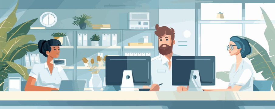 Happy receptionists cooperating while working on computer at hotel front desk. Vector flat minimalistic isolated illustration