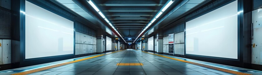 Obraz premium Twin vertical posters in a subway station, ready for customizable advertisement, set against a sleek, industrial backdrop