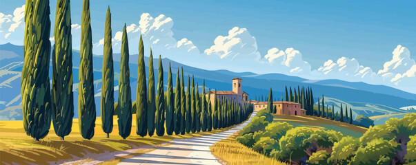 Fototapeta premium Majestic cypress alley somewhere in scenic Tuscany. vector simple illustration
