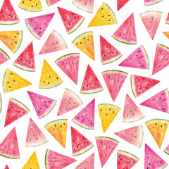 Seamless pattern composed of isolated watermelon slices in pink, red and yellow watercolor colors, hand drawn on a white background