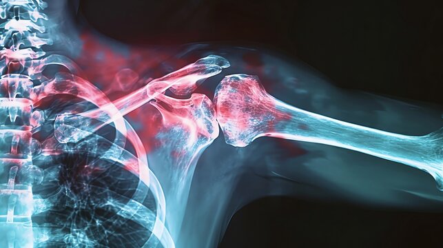 Clavicular Fracture Image showing a fractured clavicle, with the break evident near the acromion process The fractured area is illuminated in red
