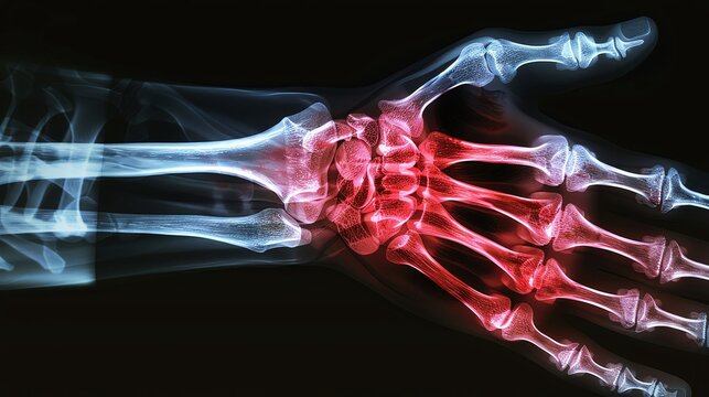 Carpal Fracture Image showing a fracture in one of the carpal bones, such as the scaphoid The fractured area is highlighted in red on the Xray