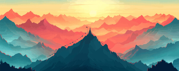 Mystical mountain shrine hidden among misty peaks, with ancient carvings and prayer flags. Vector flat minimalistic isolated illustration.