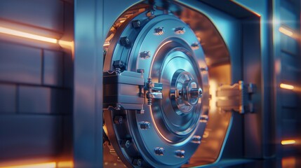Fototapeta premium Metal bank vault door with combination lock and heavy bolts for enhanced security