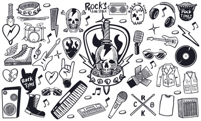 Hand drawn set of rock music doodle music instruments in doodle style isolated on white background.
