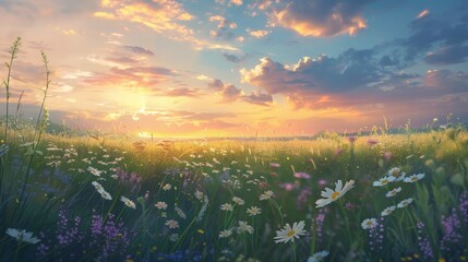 Capturing a serene field meadow during sunrise, with golden light bathing the tall grasses and wildflowers, creating a peaceful and picturesque rural landscape  © authapol