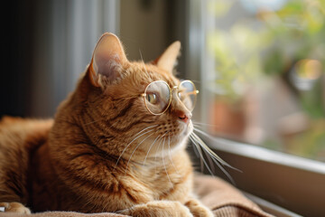 Funny clever smart cat wearing glasses, back to school and education concept background.