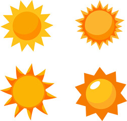 Set of cartoon sun clip art. Shining light rays. Summertime