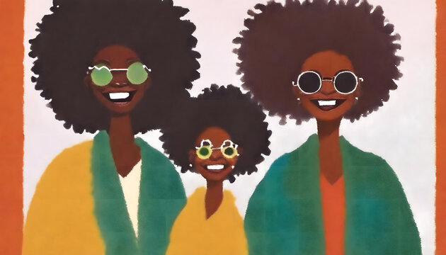 frauen, gesichter, Illustration, Juneteenth, day, Freiheit, Afrikanerin, gruppe, kunst, artwork, design, kretaiv, neu, poster, gestalten, farbe, sonnenbrille, gelb, rot, gr&uuml;n, schwarz, zeichnung, frei