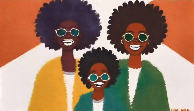 frauen, gesichter, Illustration, Juneteenth, day, Freiheit, Afrikanerin, gruppe, kunst, artwork, design, kretaiv, neu, poster, gestalten, farbe, sonnenbrille, gelb, rot, gr&uuml;n, schwarz, zeichnung, frei