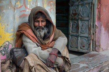 Elderly man with a long beard and hooded cloak, sitting on a step outside a colorful, weathered building, with a contemplative expression reflecting wisdom and life experience