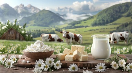 Farm fresh dairy delights  milk and cheese on rustic table with grazing cows in picturesque pasture