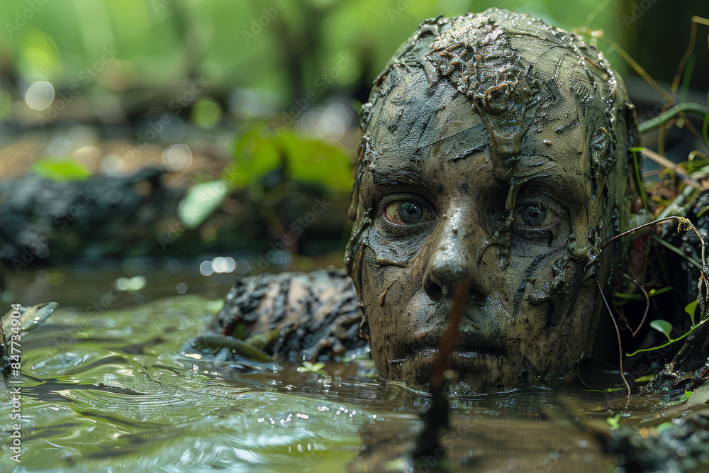 Sticker An undead figure emerging from a swamp, covered in mud and vegetation. Concept of nature and horror. Generative Ai.