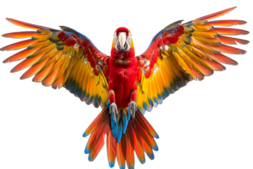Vibrant red parrot in mid-flight, showcasing colorful wings and expressive eyes, isolated on transparent background.
