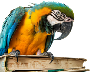 Colorful macaw parrot perched on stack of books against a transparent background. showcasing vibrant feathers and a playful pose.
