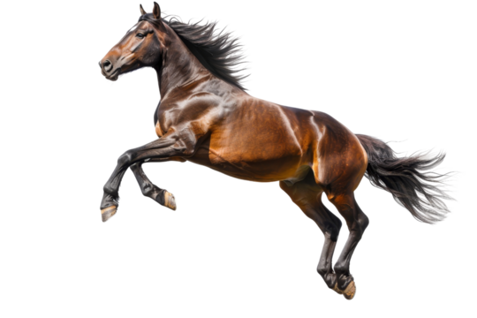 Magnificent bay horse in mid-air jump against a clear background, showcasing strength, agility, and grace. Perfect for equestrian themes.