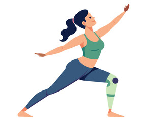 Fototapeta premium Young disabled woman with leg prosthesis doing yoga asana. Inclusive sport for people with disabilities. Female cartoon yoga pose. Full body yoga workout vector illustration 