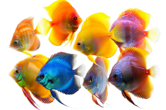 Colorful tropical aquarium fish showcasing vibrant hues of yellow, blue, and orange swimming together isolated on transparent background.