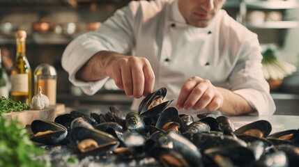 Professional chef preparing fresh bouchot mussels in high-end kitchen, meticulously arranging them on stainless steel countertop, natural light. Garlic, herbs, and white wine in background