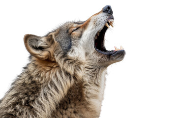 Close-up of a wolf howling with mouth open wide, displaying sharp teeth and detailed fur texture. Isolated on transparent background.