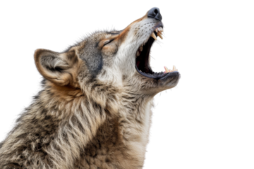 Close-up of a wolf howling with mouth open wide, displaying sharp teeth and detailed fur texture. Isolated on transparent background.