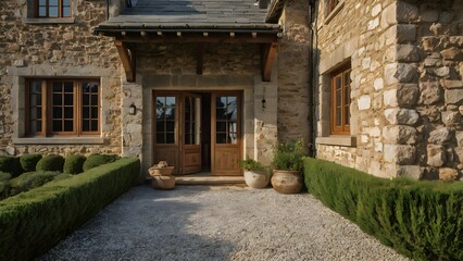 Fototapeta premium A modest rustic farmhouse on the ground floor with stone and cement cladding.