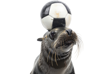 Sea lion balancing a soccer ball on its head, isolated on a transparent background. Impressive animal performance and coordination.