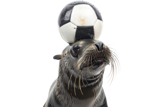 Sea lion balancing a soccer ball on its head, isolated on a transparent background. Impressive animal performance and coordination.