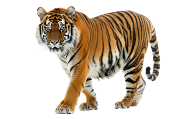 Majestic tiger on a transparent background. showcasing its powerful stance and striking striped fur, embodying strength and grace.