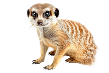 High resolution image of a curious meerkat standing, showcasing its fur details. Isolated on transparent background.
