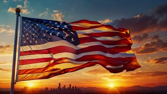 The video is of an American flag waving in the wind. The flag is blowing to the right and is backlit by a bright sky with two glowing orbs.