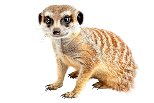 High resolution image of a curious meerkat standing, showcasing its fur details. Isolated on transparent background.