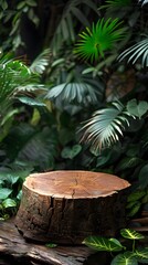 A tree stump podium in the jungle, surrounded by lush greenery and exotic plants. creating an enchanting atmosphere for product display or presentatio
