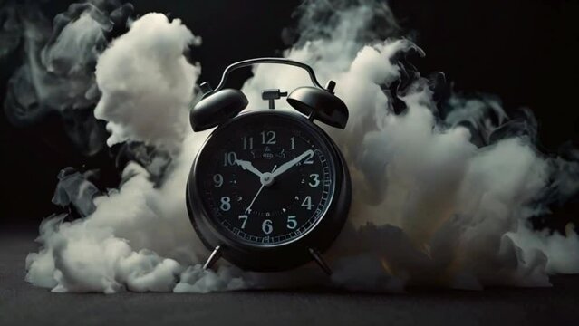 A black alarm clock is sitting on a dark surface with a white cloud of smoke surrounding it.
