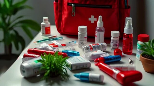 The video contains a first aid kit with various medical supplies such as bandages, gauze, and medications.