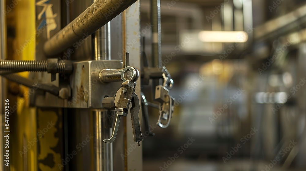 Poster Safety lockout tagout on factory equipment, close-up, no people, focus on safety, harsh lighting, clear texture 