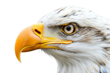 Obraz premium Close-up of majestic bald eagle's head with sharp beak and piercing eyes, showcasing detailed feathers and powerful gaze against a transparent background.