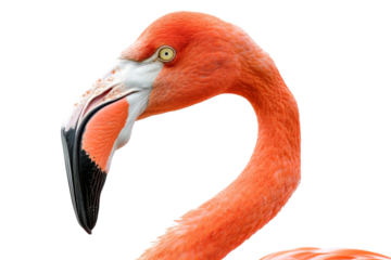 Close-up of a vibrant pink flamingo showcasing its striking features and elegant neck against a transparent background.