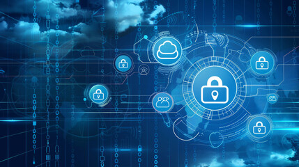 Digital graphic of cloud data security, showcasing protection layers like digital locks and shields in shades of blue and white, with cloud and data icons