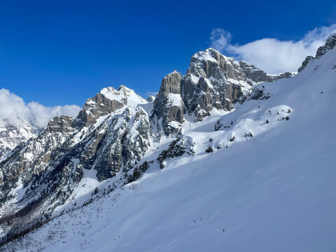 View of amazing and almost untracked freeride zone in pristine snowy mountains
