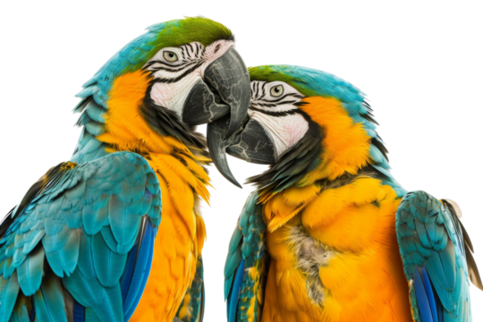 Two vibrant blue and yellow macaws displaying affection with their beaks intertwined, expressing a strong bond and colorful plumage.