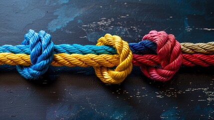 Fototapeta premium Close-Up of Knotted Ropes in Various Colors Representing Unity Strength