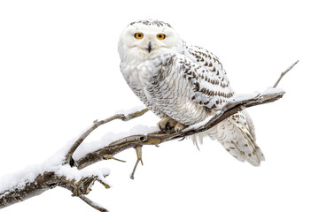 Obraz premium Snowy owl perched on a snow-covered branch, with piercing yellow eyes and detailed feathers, in a winter scene. High-resolution wildlife photo.