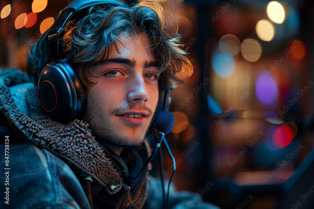 Canvas Prints a young man recording a podcast in his home studio. concept of creativity and media. generative ai.