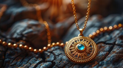 Fototapeta premium Golden Jewelry pendant on wood background 